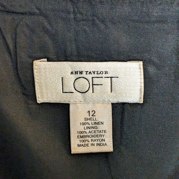 Ann Taylor Loft Linen Black V-Neck Spaghetti Strap Embellished Dress Size 12 - Picture 6 of 11